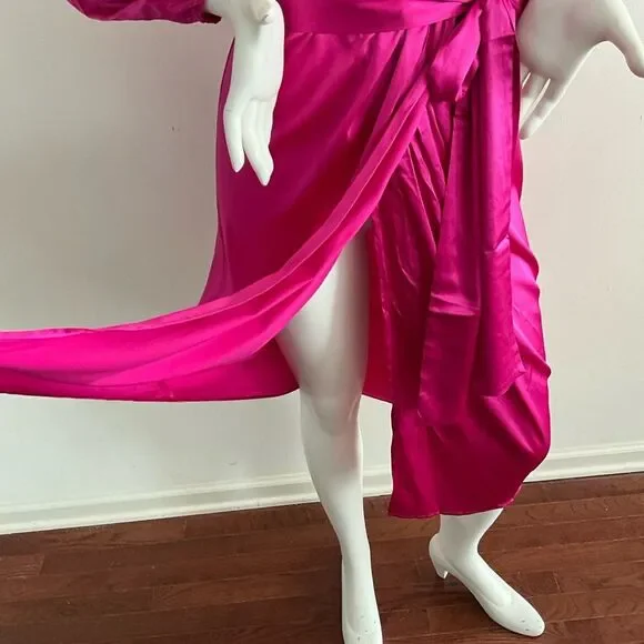 New 97% Silk Faux Wrap Elegant Vibrant Pink Taylor Tillman Long Sleeve Dress M - Picture 7 of 10